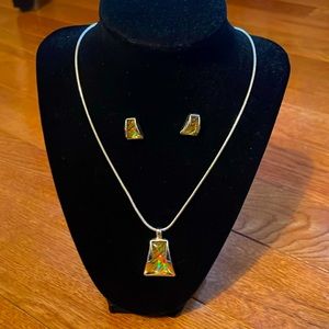 Silver plated necklace with amber pendant and matching pierced earrings